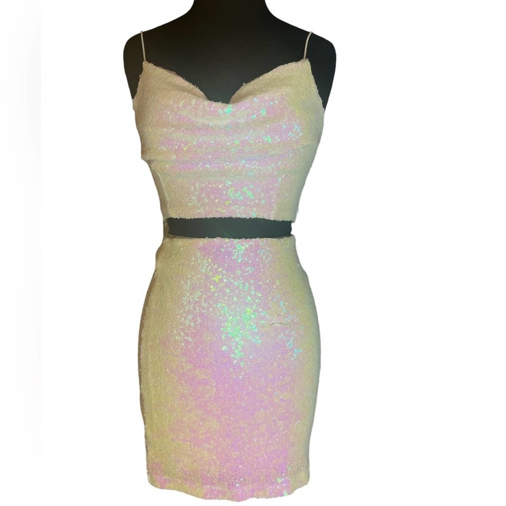 Y2K Sequin Sparkly White Mermaid Core Crop Top Mini Skirt Set